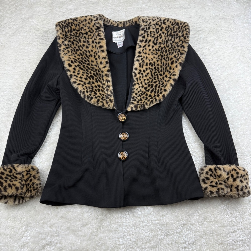 Joseph Ribkoff Blazer Women 14 Black Leopard Faux Fur Collar Ribbed Knit Jacket